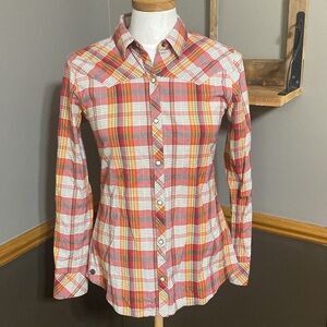 Outdoor Research orange plaid Pearl snap long sleeve shirt size small